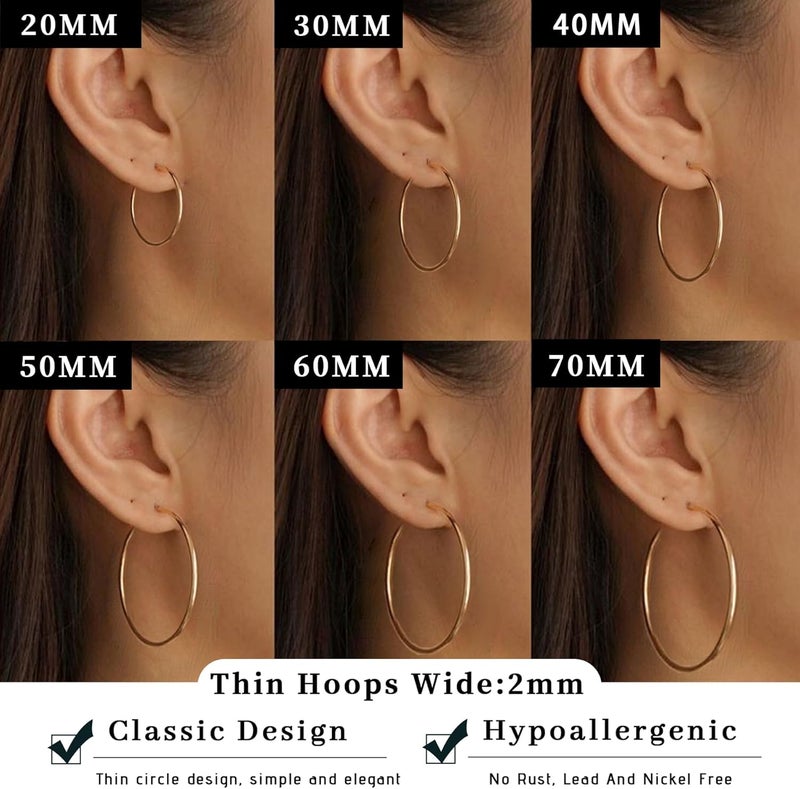 Senteria 2mm Wide 925 Sterling Silver Hoop Earrings for Women Hypoallergenic Lightweight Thin Large Big Gold Plated Hoops Earrings for Women 20/30/50/70MM - Image 4